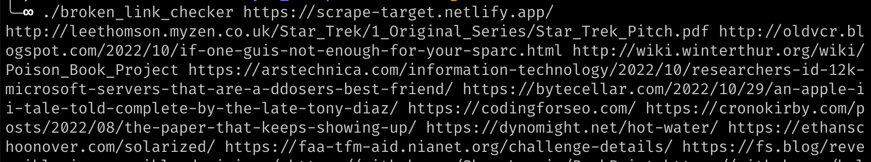 Output of the script showing the list of URLs for links on the page