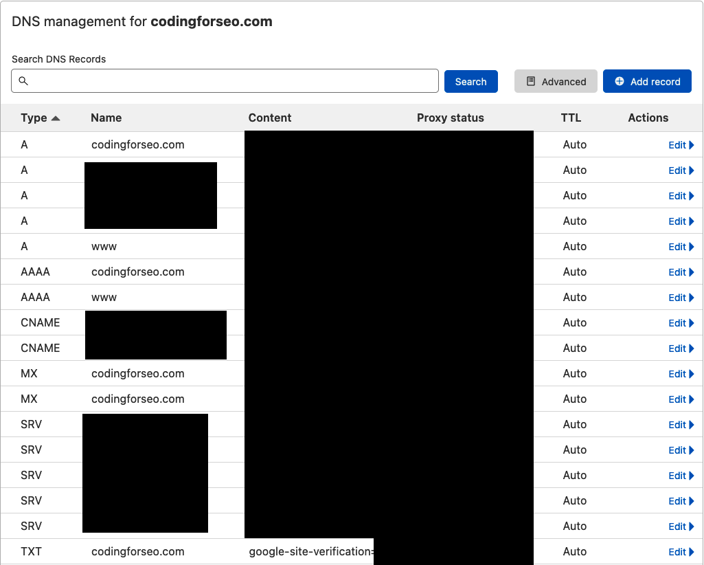 Entering DNS settings into the nameservers on Cloudflare.com