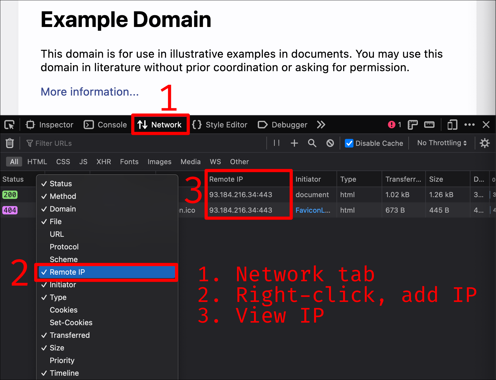 Looking up IP addresses in Firefox browser developer tools